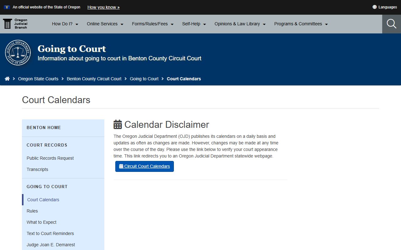 Benton County court dockets calendar page