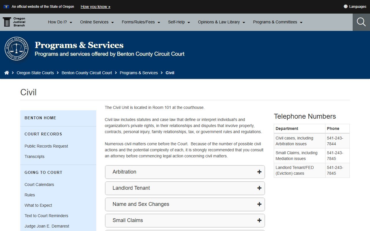 Benton County Circuit Court civil records unit