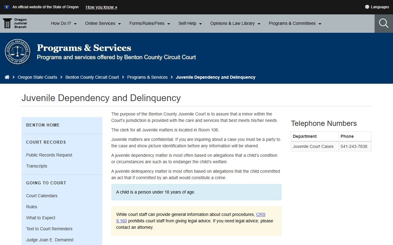 Benton County Circuit Court juvenile records unit