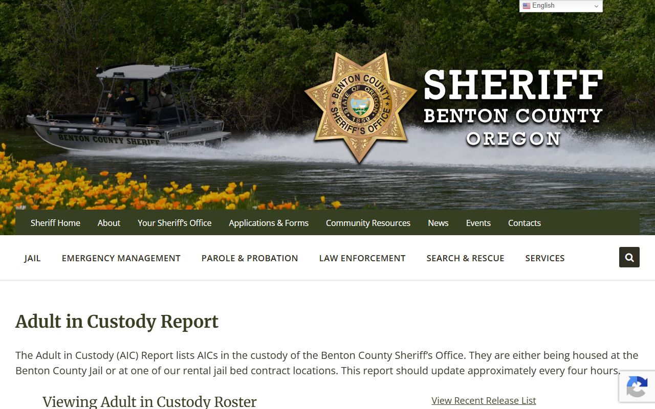 Benton County inmate roster search fields and results