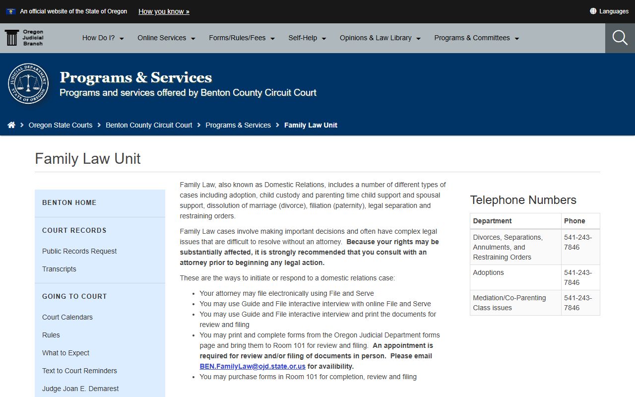 Benton County divorce records family law unit