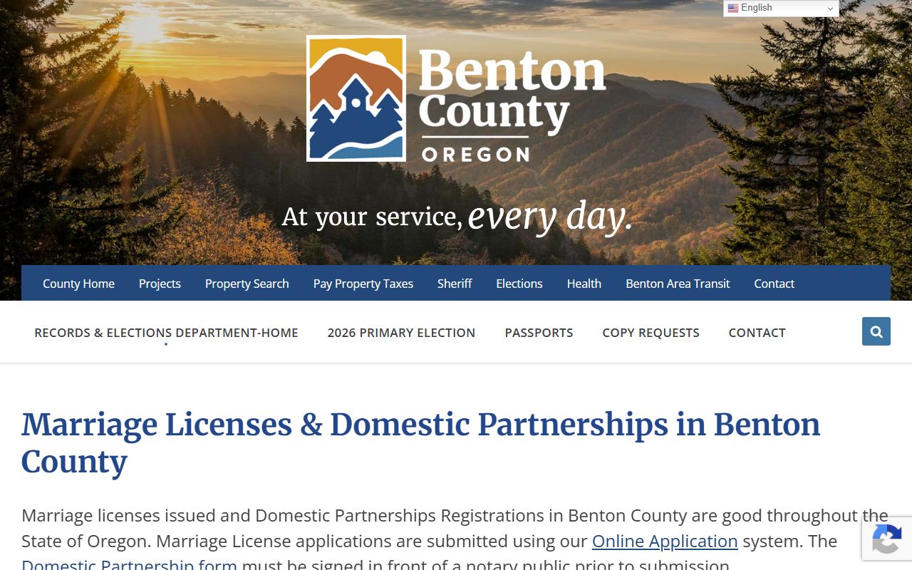Benton County marriage records license and domestic partnership page