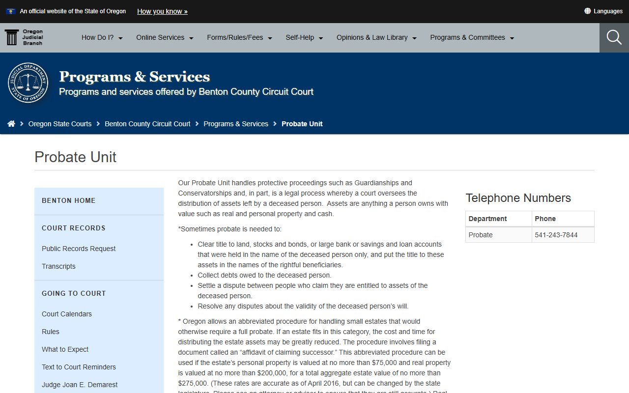 Benton County probate records Probate Unit