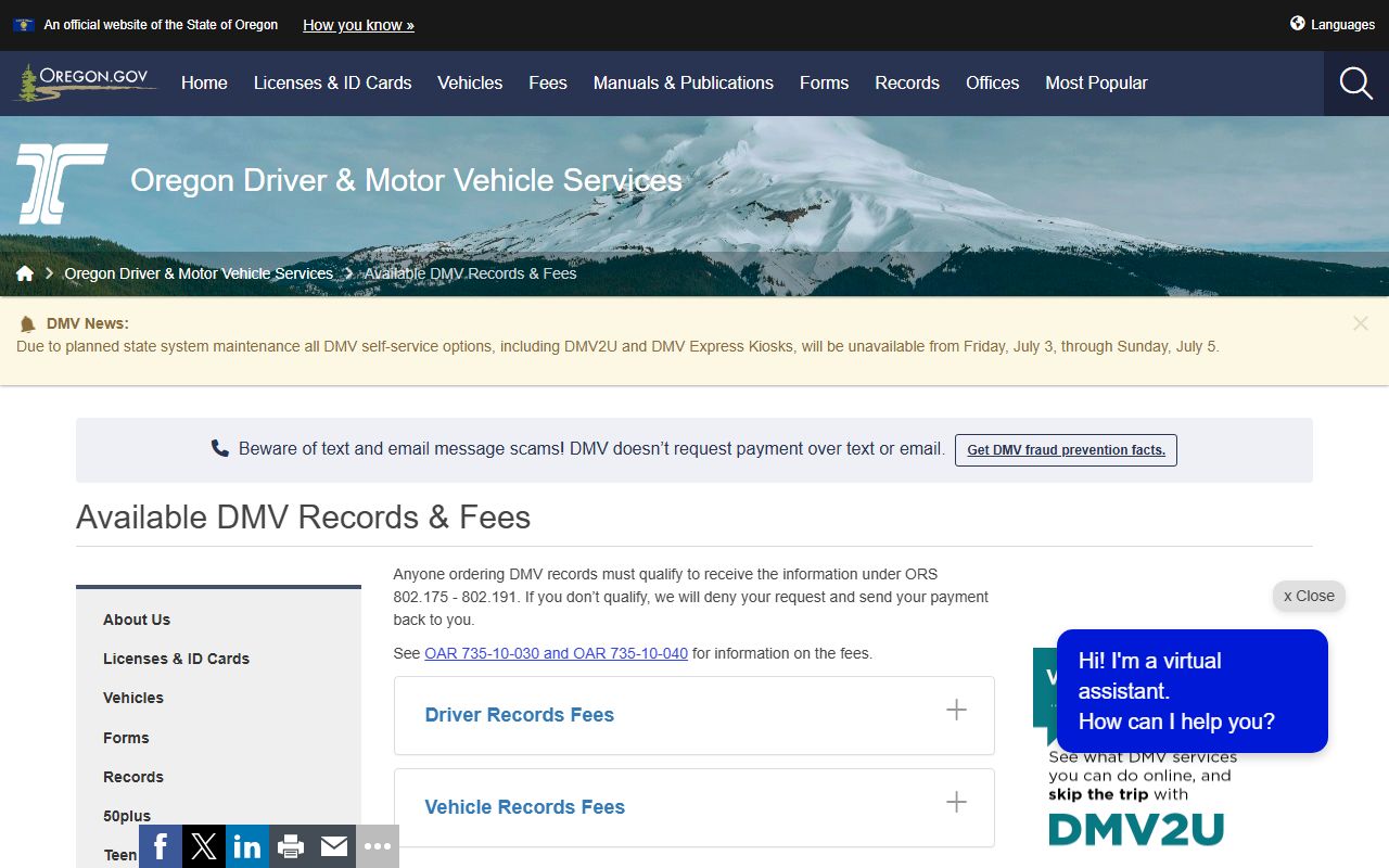 Benton County traffic court records Oregon DMV available records fees